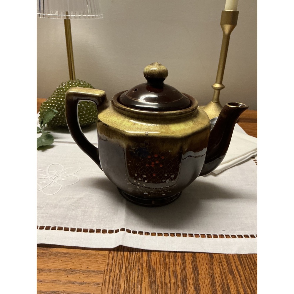 Vintage Japanese Ceramic Teapot Brown Drip Glaze Hand Painted Floral Hexagonal - Picture 10 of 11